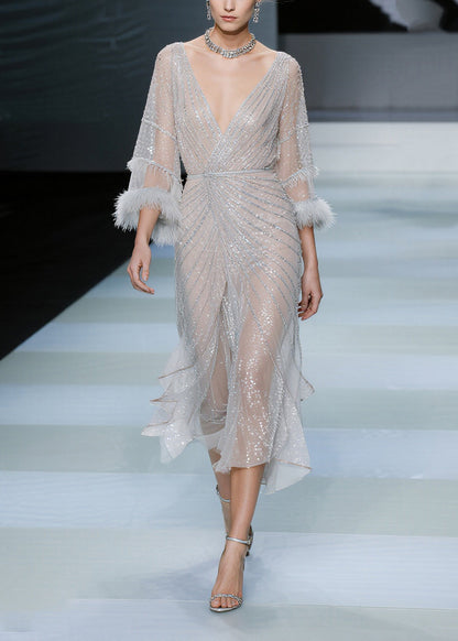 White Sequins Patchwork Faux Fur Tulle Dresses Summer