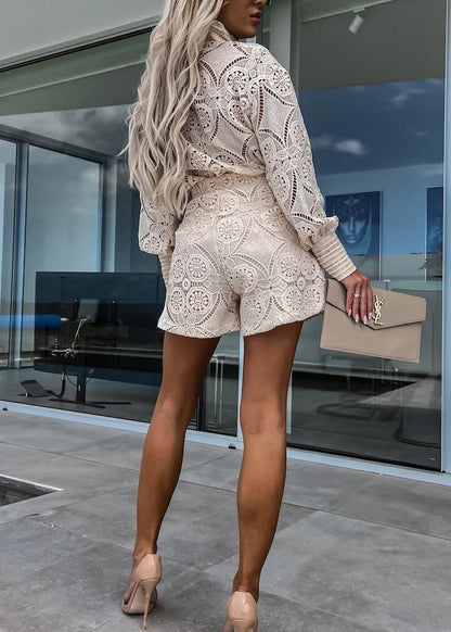 White Stand Collar Hollow Out Lace Two Pieces Set Summer