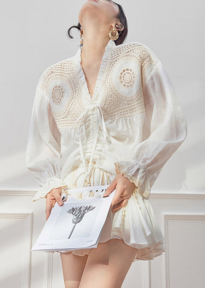 White V Neck Drawstring Shirt and Skirts Two Piece Set Spring