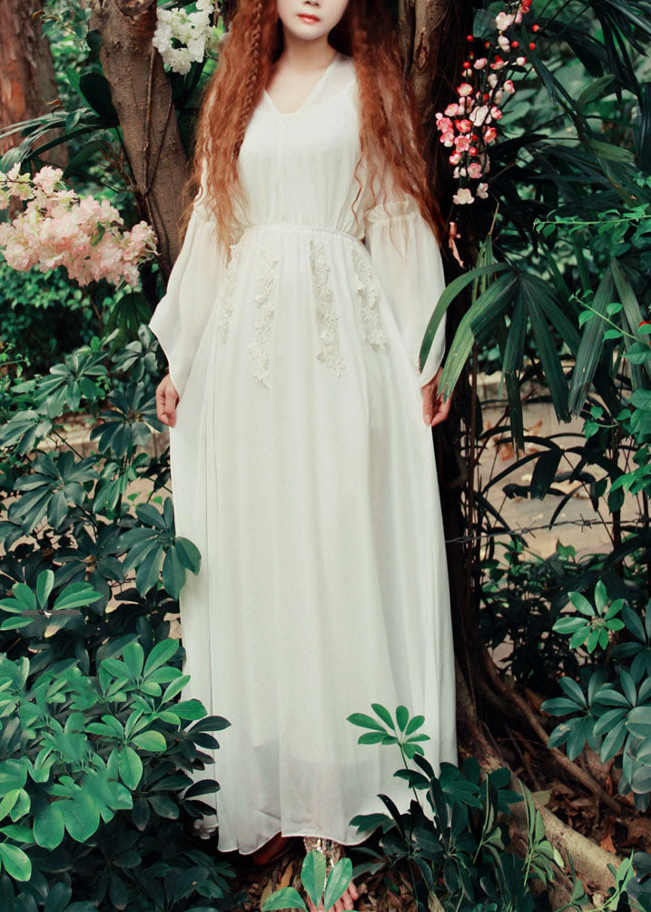 White V Neck Exra Large Hem Silk Cinch Long Dress Flare Sleeve