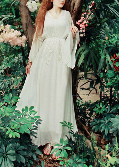 White V Neck Exra Large Hem Silk Cinch Long Dress Flare Sleeve