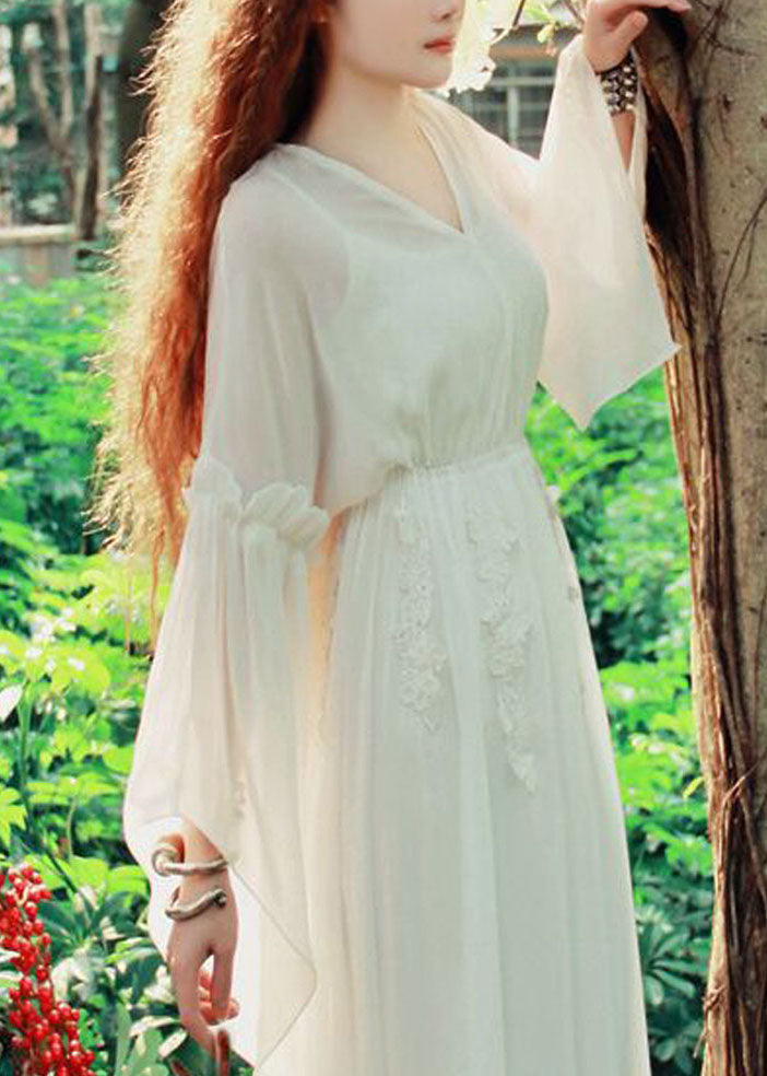White V Neck Exra Large Hem Silk Cinch Long Dress Flare Sleeve