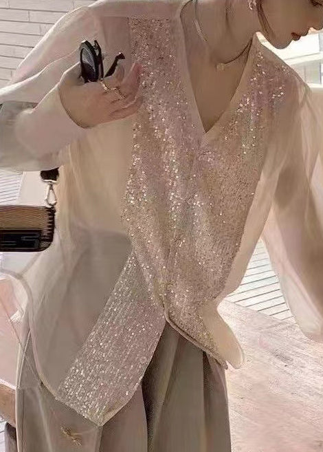 White V Neck Sequins Patchwork Silk Blouses Long Sleeve