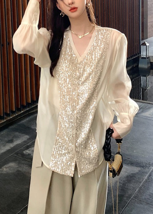 White V Neck Sequins Patchwork Silk Blouses Long Sleeve