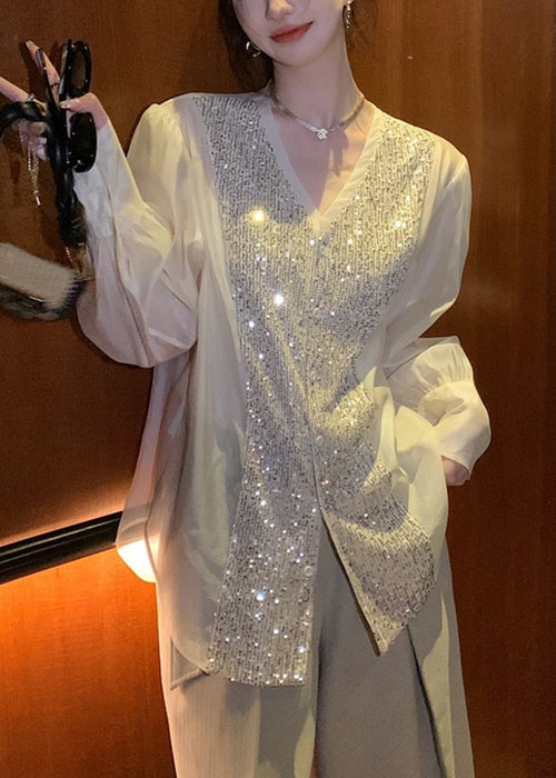 White V Neck Sequins Patchwork Silk Blouses Long Sleeve