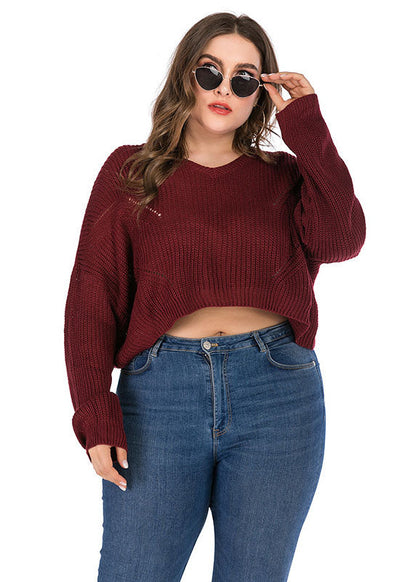 Wine Red Thick O-neck Knit Sweater Long Sleeve