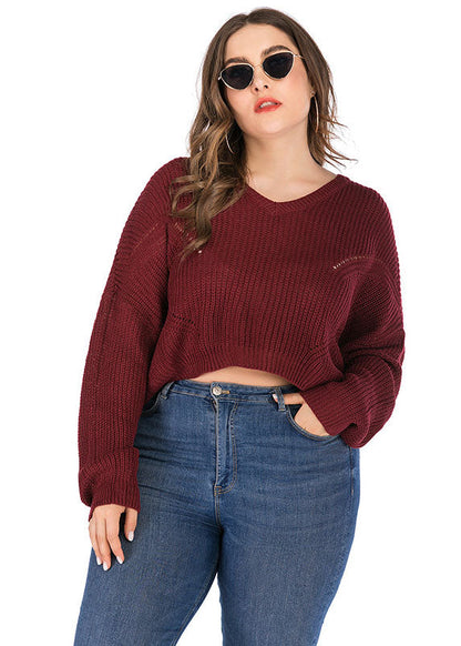 Wine Red Thick O-neck Knit Sweater Long Sleeve