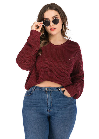 Wine Red Thick O-neck Knit Sweater Long Sleeve
