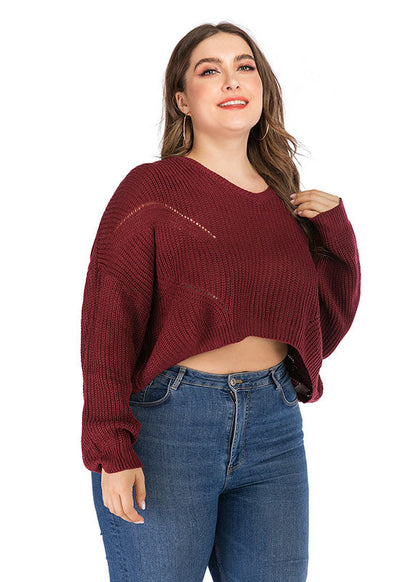 Wine Red Thick O-neck Knit Sweater Long Sleeve