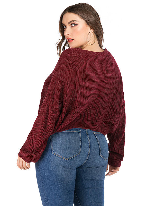 Wine Red Thick O-neck Knit Sweater Long Sleeve