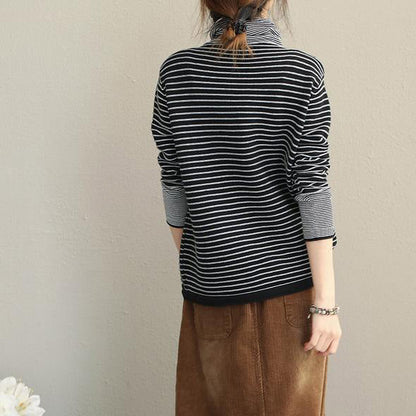 High Neck Striped Sweater Loose Tops