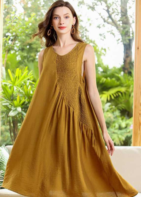 Yellow Asymmetrical Patchwork Wrinkled Cotton Dress Sleeveless