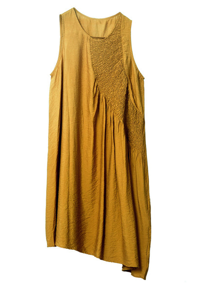 Yellow Asymmetrical Patchwork Wrinkled Cotton Dress Sleeveless