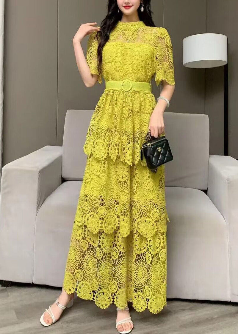 Yellow Embroidered Tie Waist Patchwork Lace Dress Summer