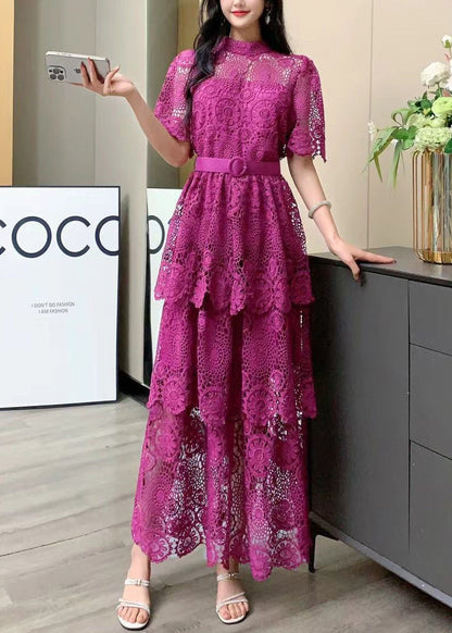 Yellow Embroidered Tie Waist Patchwork Lace Dress Summer