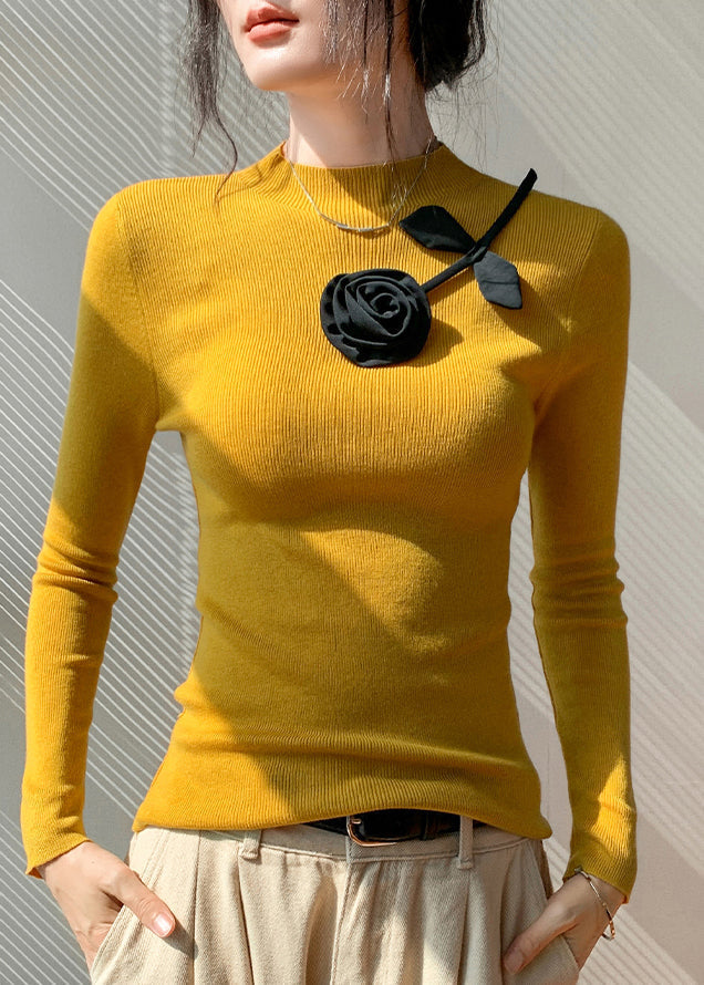 Yellow Decorated Silm Fit Knit Tops Spring