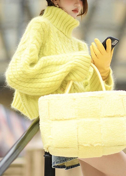 Yellow Hign Neck Thick Ma Hai Mao Short Knit Sweaters Winter