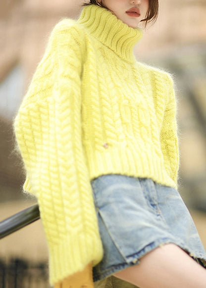 Yellow Hign Neck Thick Ma Hai Mao Short Knit Sweaters Winter