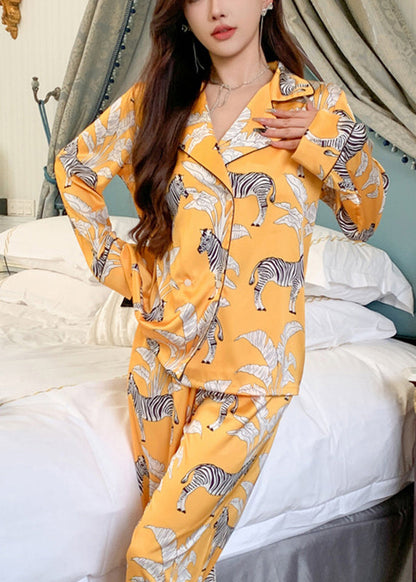 Yellow Notched Print Shirts and Pants Two Pieces Set Spring