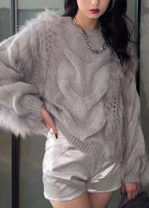 Yellow O-neck Fuzzy Fur Fluffy Cotton Cozy Knit Sweaters Fall