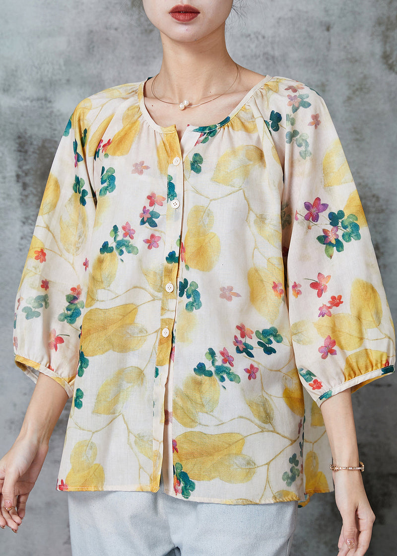 Yellow O-neck Print Cotton Blouse Tops Bracelet Sleeve