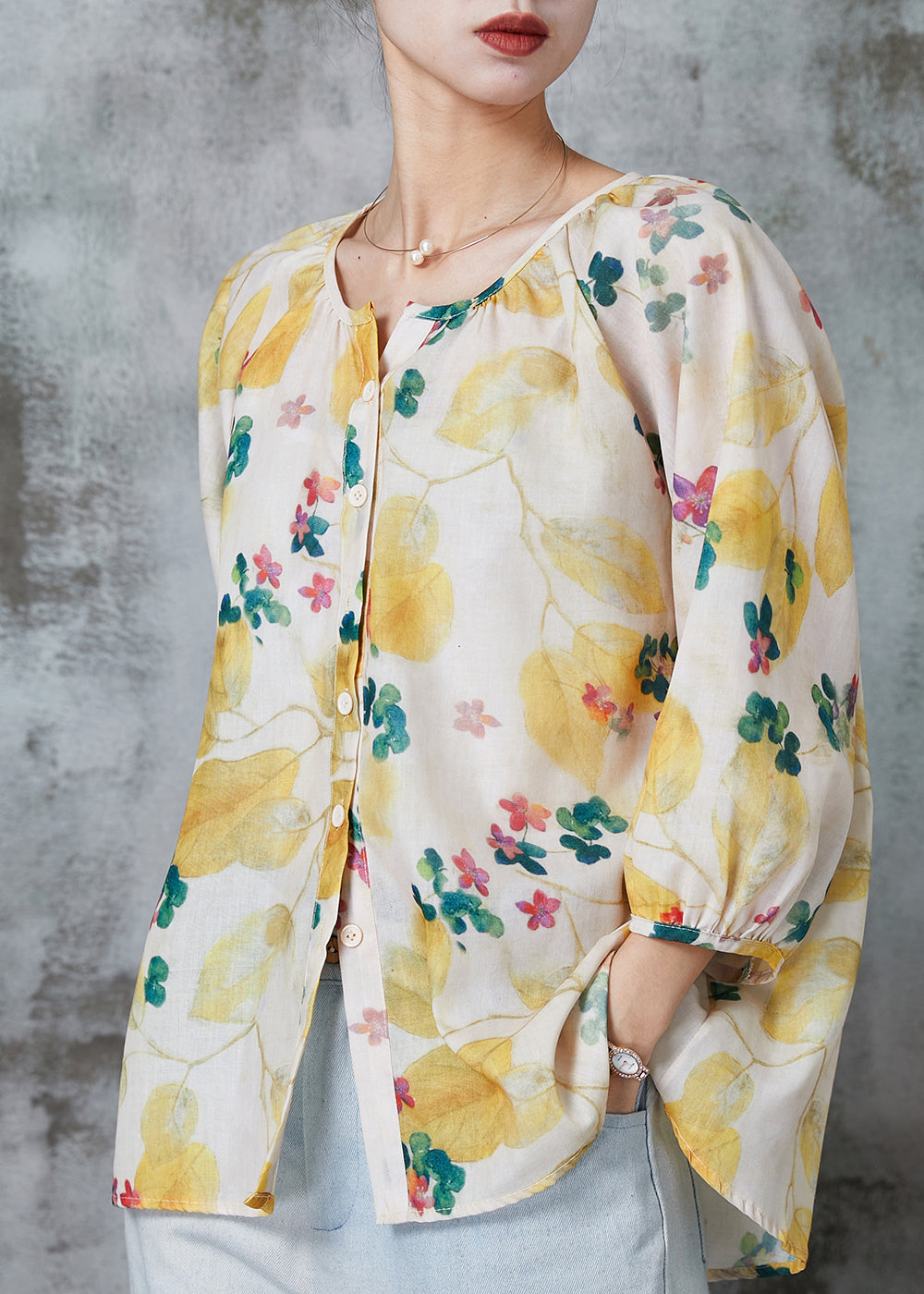 Yellow O-neck Print Cotton Blouse Tops Bracelet Sleeve