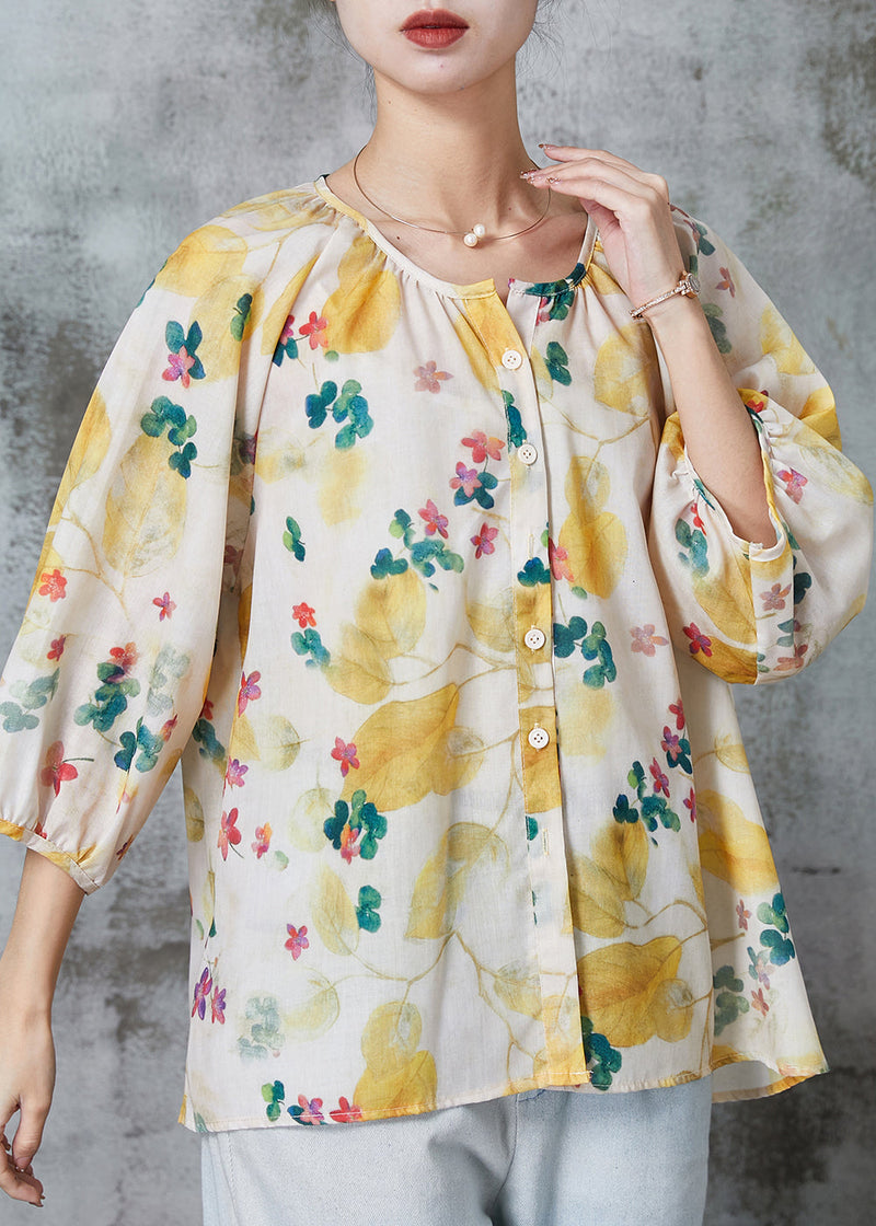 Yellow O-neck Print Cotton Blouse Tops Bracelet Sleeve