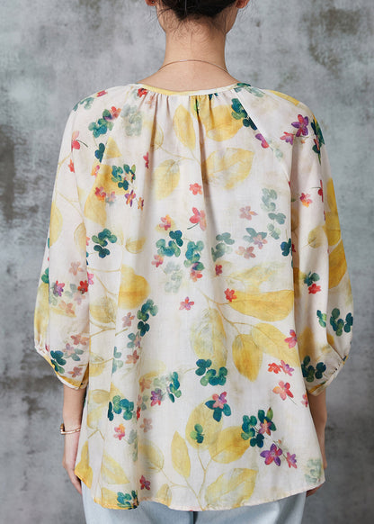 Yellow O-neck Print Cotton Blouse Tops Bracelet Sleeve