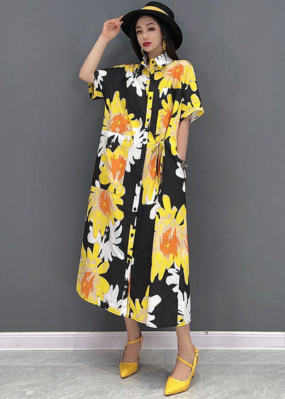 Yellow Peter Pan Collar Daisy Print Chiffon Holiday Dress Short Sleeve