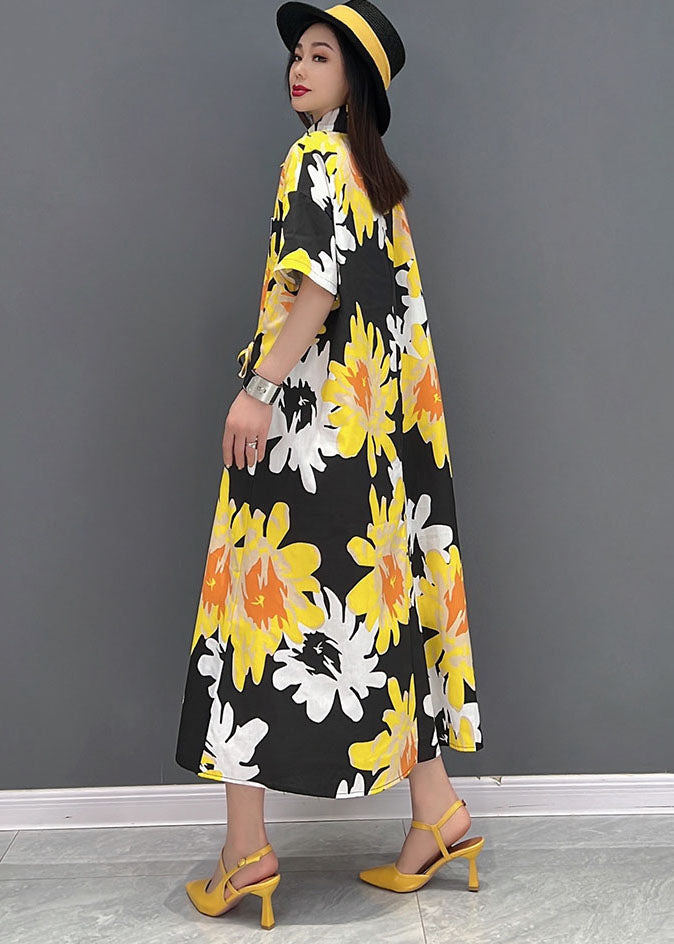 Yellow Peter Pan Collar Daisy Print Chiffon Holiday Dress Short Sleeve