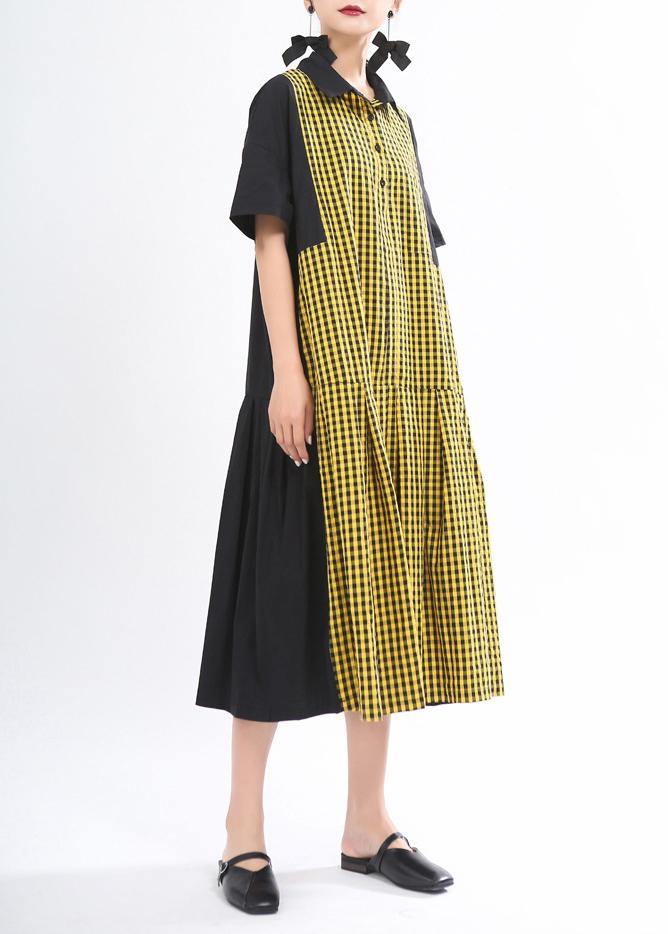 Yellow Plaid Button Summer Cotton Dress