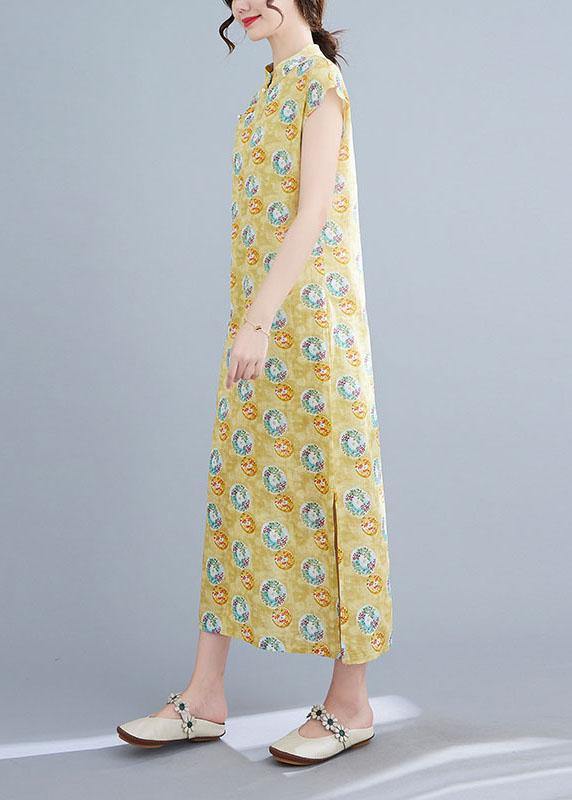 Yellow Print Cotton Dress Oriental Summer Vacation Dresses