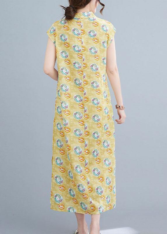 Yellow Print Cotton Dress Oriental Summer Vacation Dresses