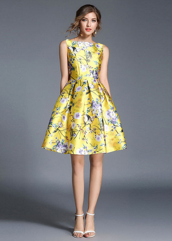 Yellow Print Wrinkled Patchwork Cotton Mid Dress Sleeveless