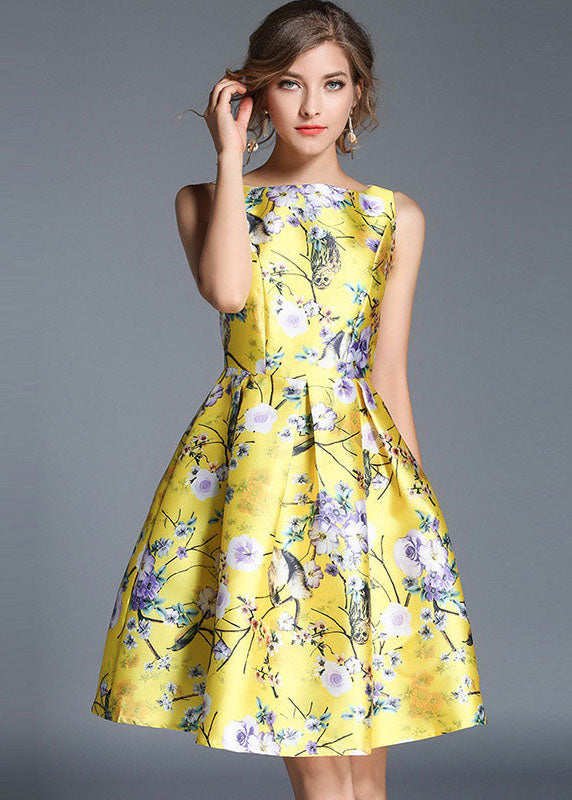 Yellow Print Wrinkled Patchwork Cotton Mid Dress Sleeveless
