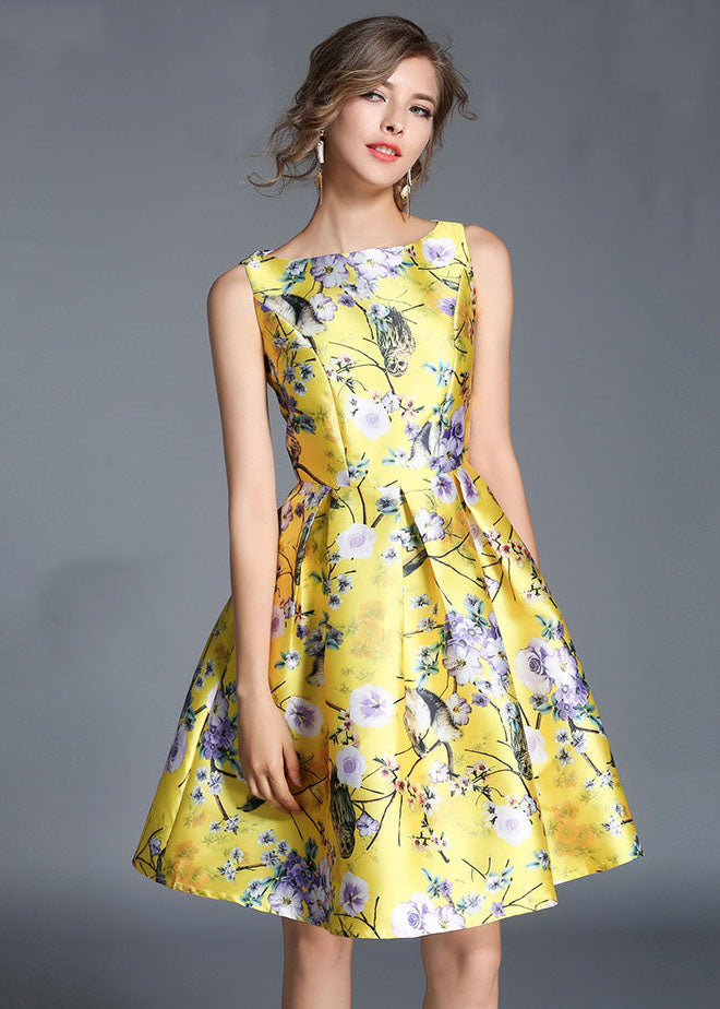 Yellow Print Wrinkled Patchwork Cotton Mid Dress Sleeveless