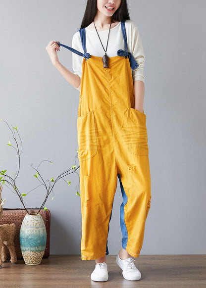 Yellow Pockets Patchwork Denim Jumpsuit Spring