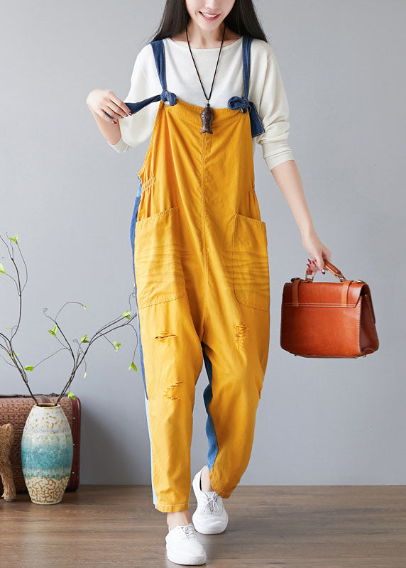 Yellow Pockets Patchwork Denim Jumpsuit Spring