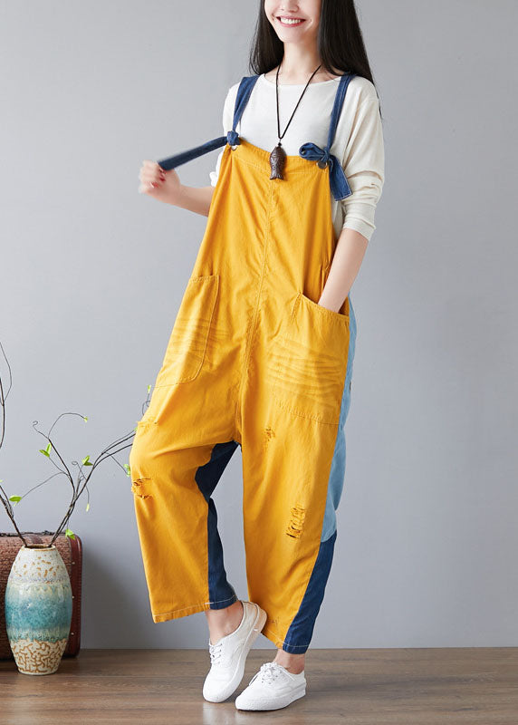 Yellow Pockets Patchwork Denim Jumpsuit Spring