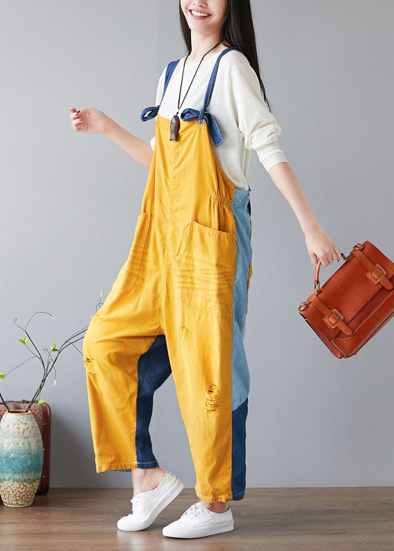 Yellow Pockets Patchwork Denim Jumpsuit Spring