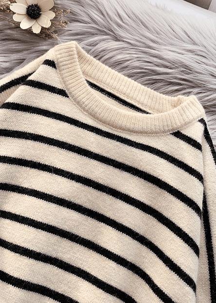 Beige Striped Sweaters O Neck Low High Design Sweater Blouse