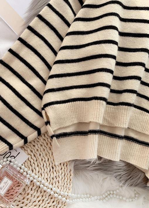 Beige Striped Sweaters O Neck Low High Design Sweater Blouse