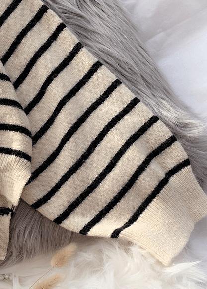 Beige Striped Sweaters O Neck Low High Design Sweater Blouse