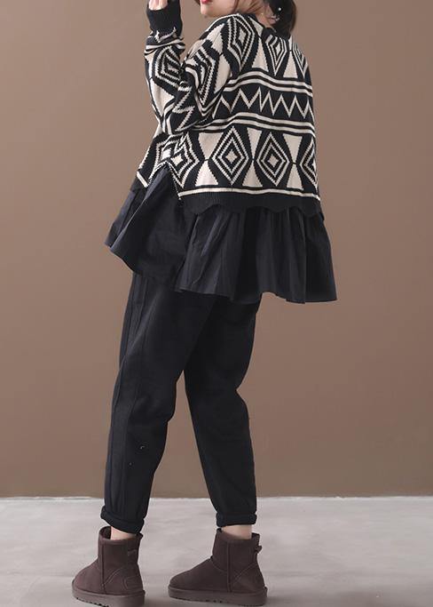 Black Sweater Blouse Patchwork Geometry Knitted Blouse