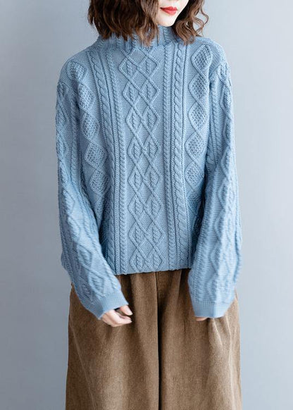Blue Knit Tops High Neck Button Down Knit Sweat Tops