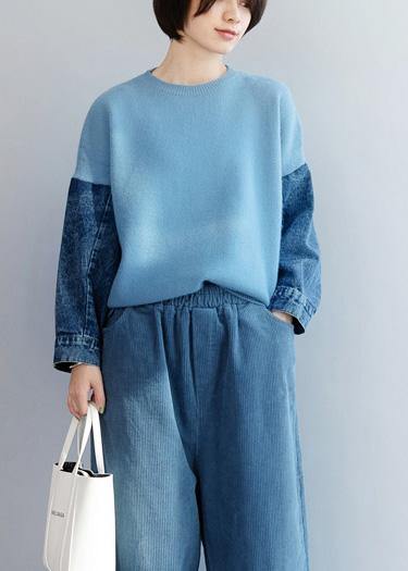 Blue Knitted Pullover Patchwork Sleeve O Neck Knit Tops