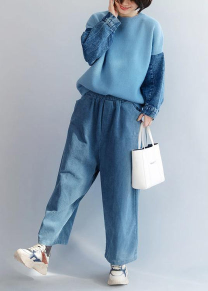 Blue Knitted Pullover Patchwork Sleeve O Neck Knit Tops