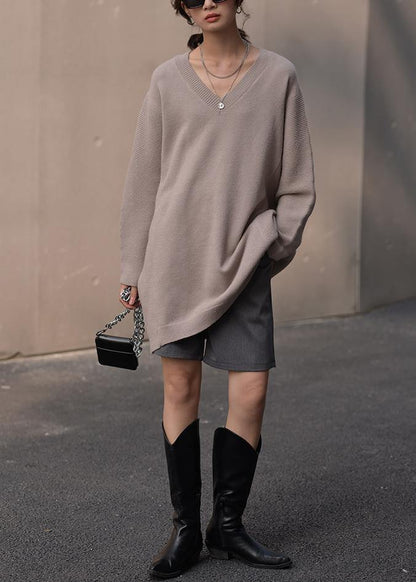 Brown Knit Blouse V Neck Loose Fitting Fall Knitted Blouse