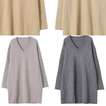 Brown Knit Blouse V Neck Loose Fitting Fall Knitted Blouse