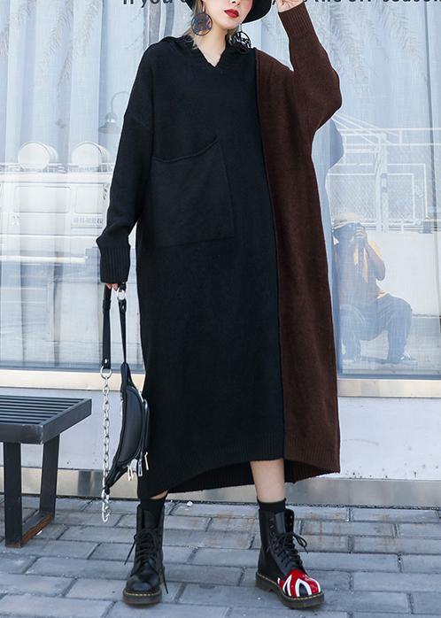 Chocolate Sweater Dress Outfit Hooded Patchwork Art Knit Dresses